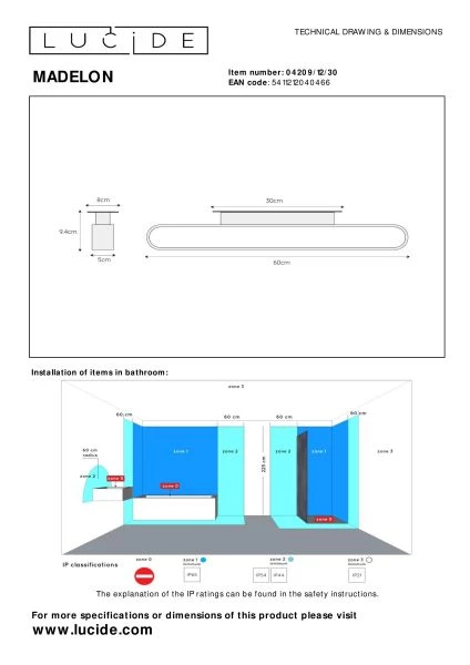 Lucide MADELON - Wandleuchte Badezimmer - LED - 1x9W 2700K - IP44 - Schwarz - technisch